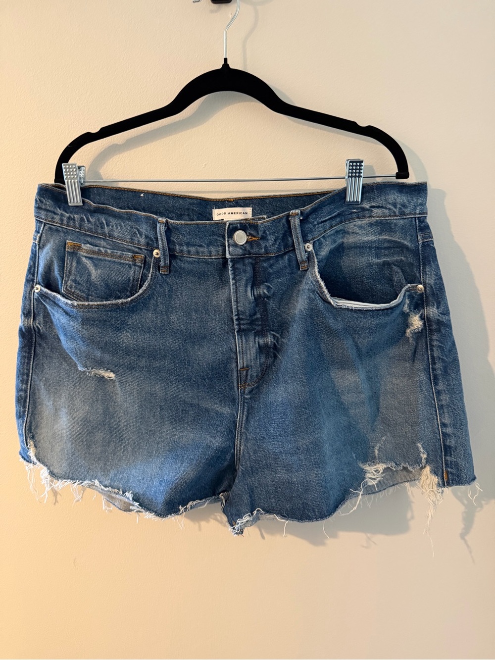 Good American Distressed Blue Denim Cutoff Shorts